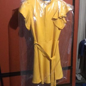 TCEC mustard colored mini dress. Has belt. Ruffled sleeves.